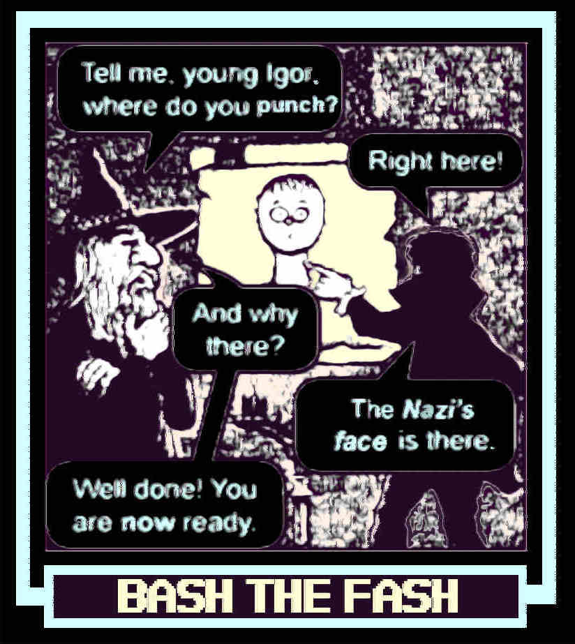 A wizard and a young vampire are standing in front of a diagram with a human face on it. The wizard asks, 'Tell me, young Igor, where do you punch?' Igor points at the face and answers, 'Right here!' The wizard asks, 'And why there?' Igor answers, 'Because the Nazi's face is there!' The wizard says, 'Well done! Now you are ready.' The caption to the comic says 'Bash the Fash'